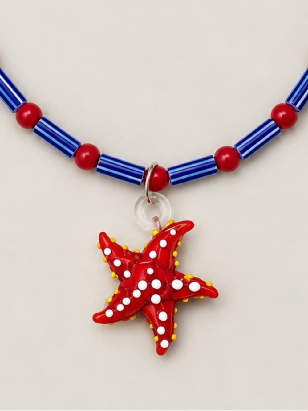 New! Coastal Blue Red Starfish Striped Beaded Necklace NWOT